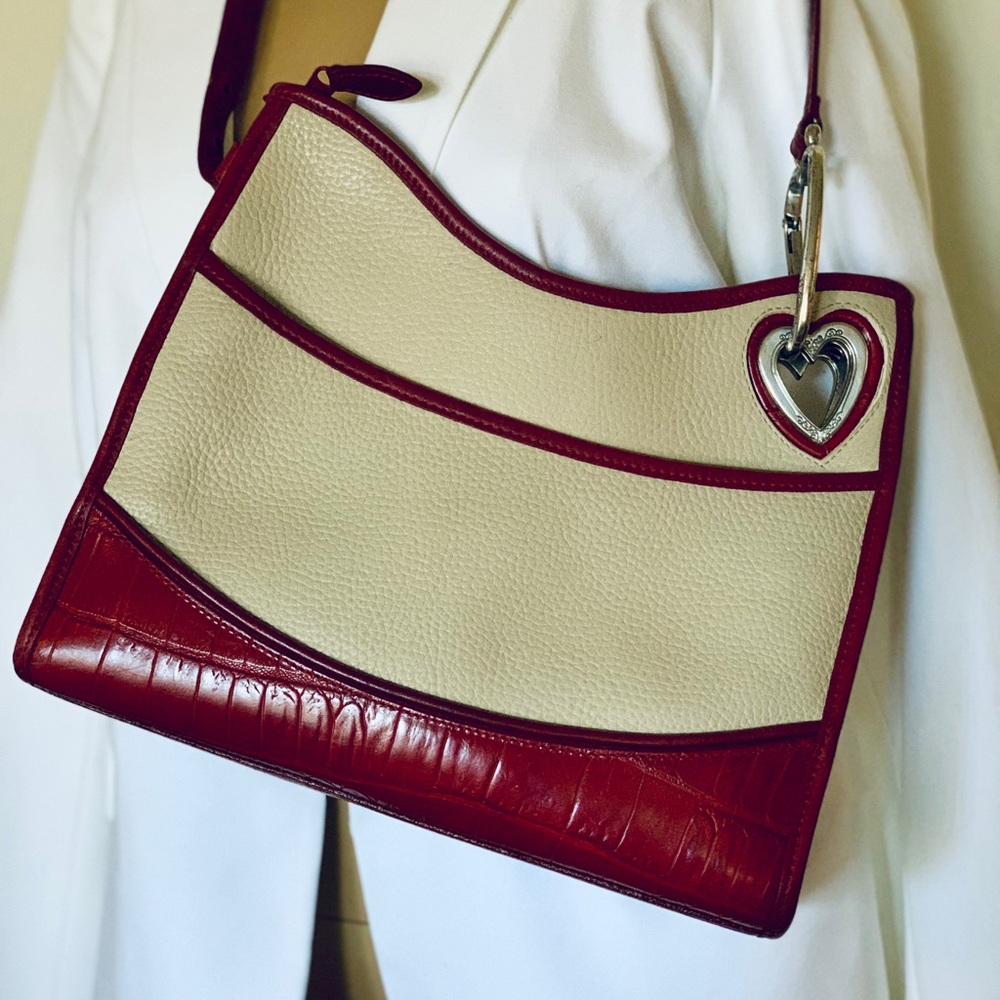 Genuine Vintage Brighton ivory red leather shoulder bag with croc pattern.